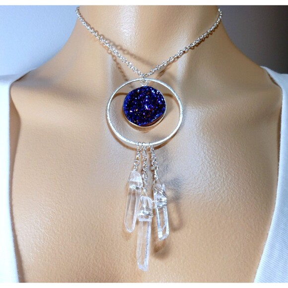 Natural Rock Crystal Quartz Three Point Titanium Blue Quartz Silver Necklace - Picture 1 of 6
